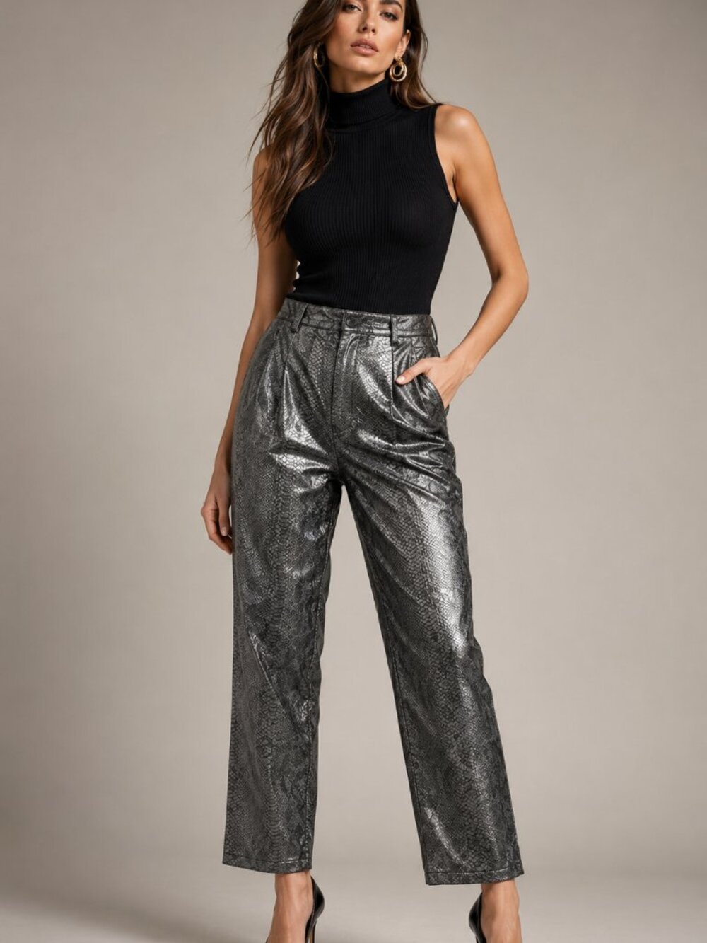 Vintage David Paul New York Metallic Snakeskin Faux Leather Pants Petite 8